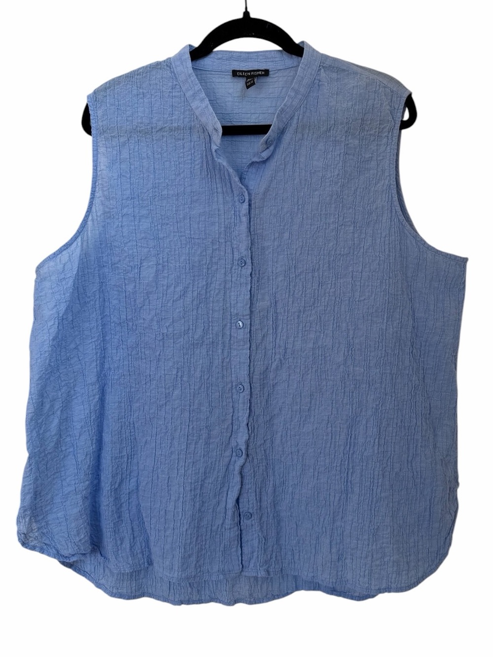 Eileen Fisher Organic Cotton Microstripe Pucker Sleeveless Shirt Top Cornflower